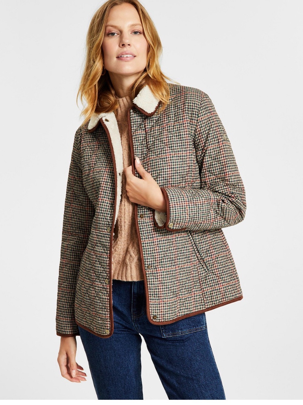 LAUREN Ralph Lauren Houndstooth Quilted Fleece Collar Jacket | Size Small